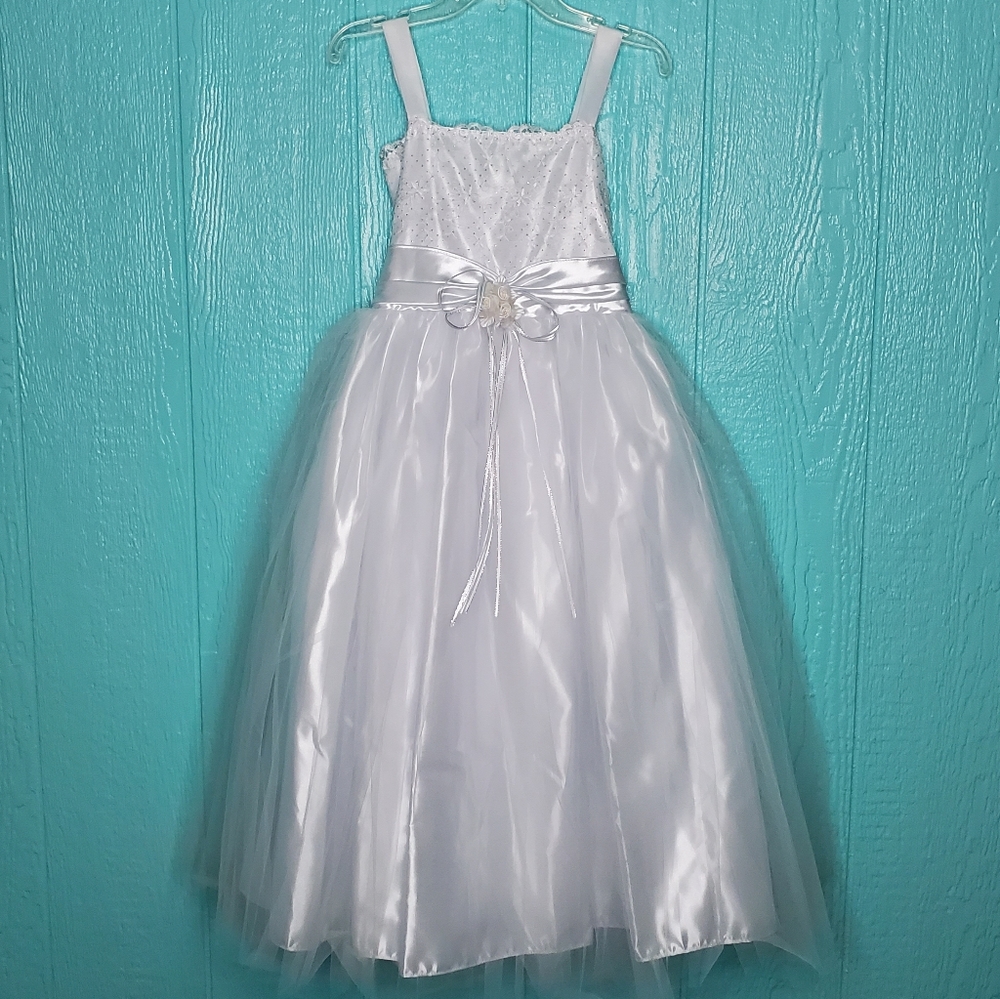 ❤ White tea length tulle first communion girl dress